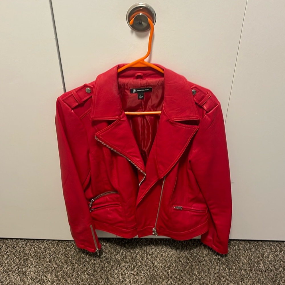 INC fraud leather red moto jacket
